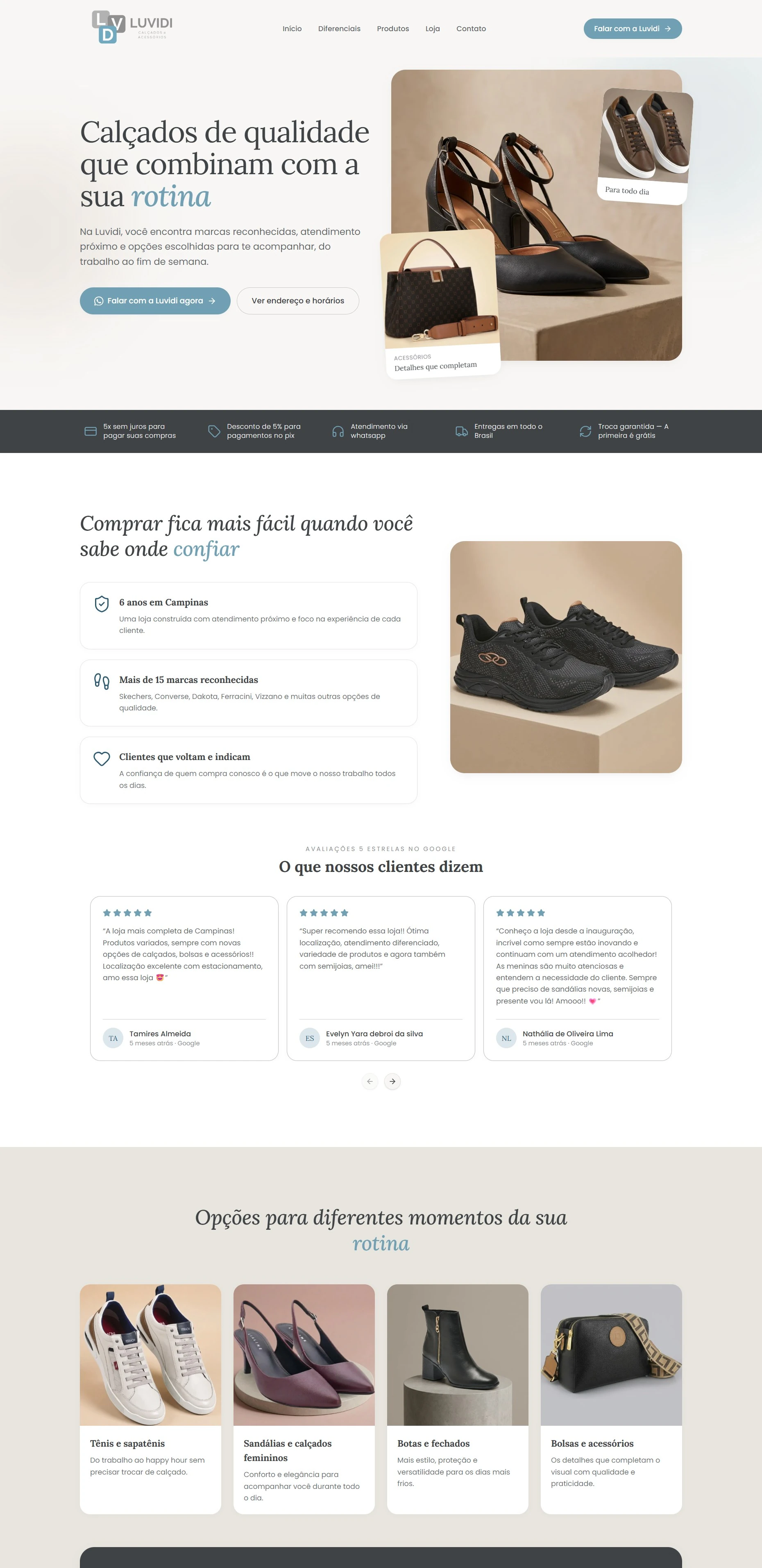 Página completa da landing page da Luvidi Calçados, que rola junto com a página