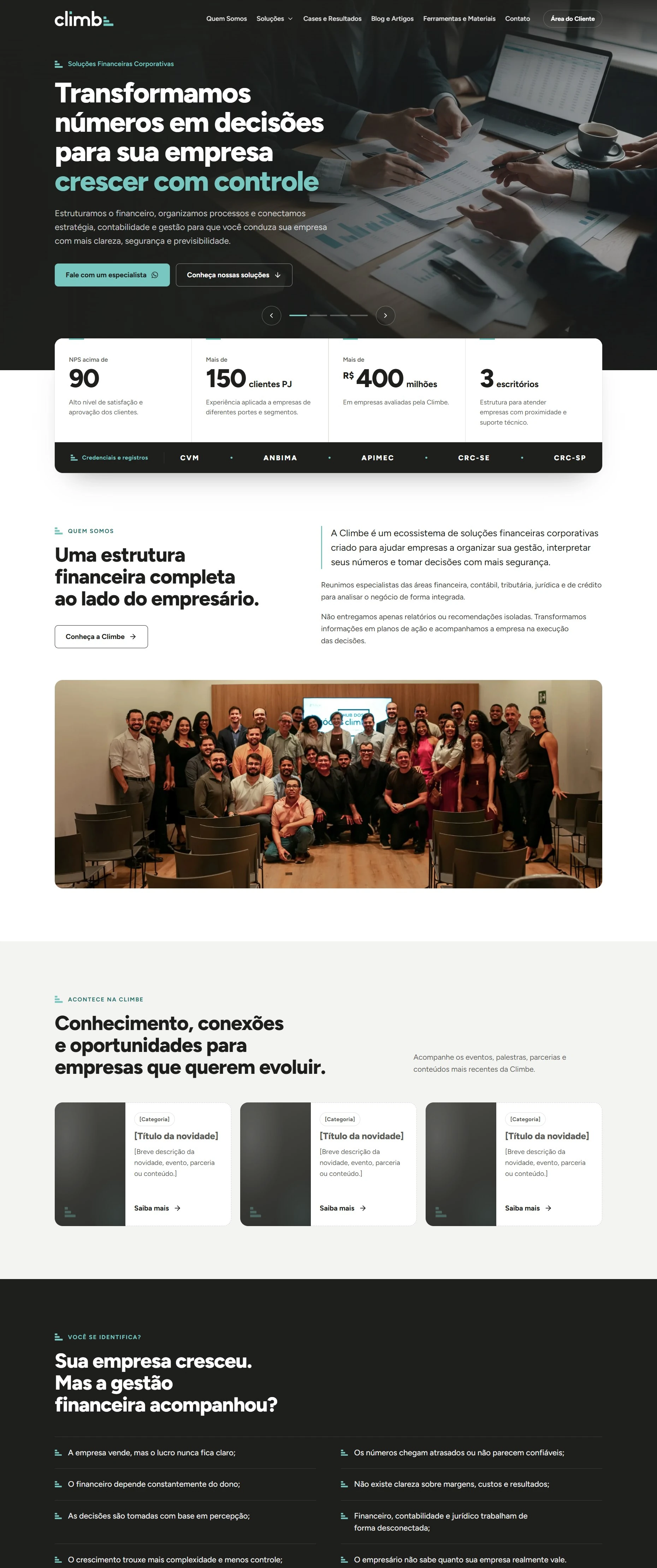 Página inicial completa do site da Climbe Soluções Financeiras, que rola junto com a página