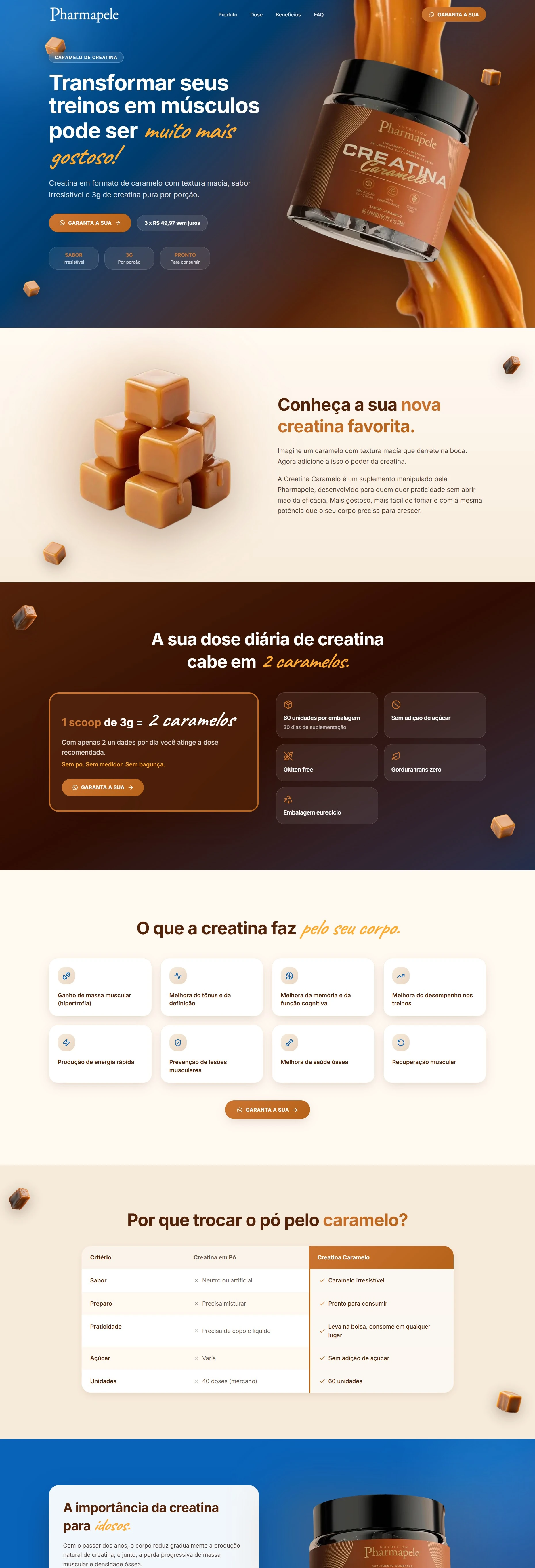 Landing page completa da Pharmapele Creatina Caramelo, que rola junto com a página