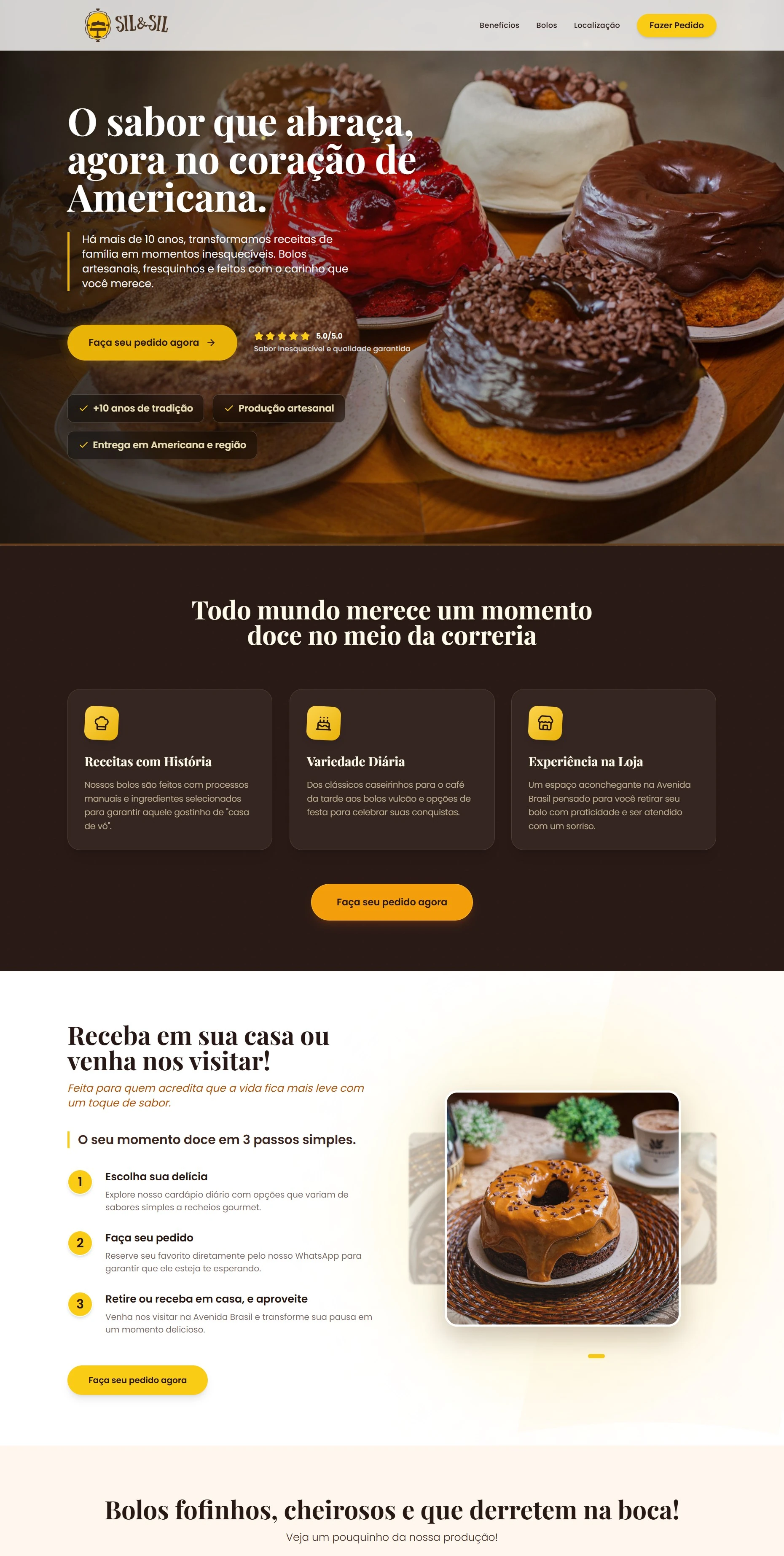 Página completa da landing page da Sil e Sil Bolos, que rola junto com a página